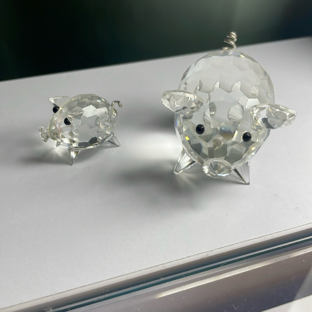 Two Swarovski Figurine Pig Medium Metal Tail
